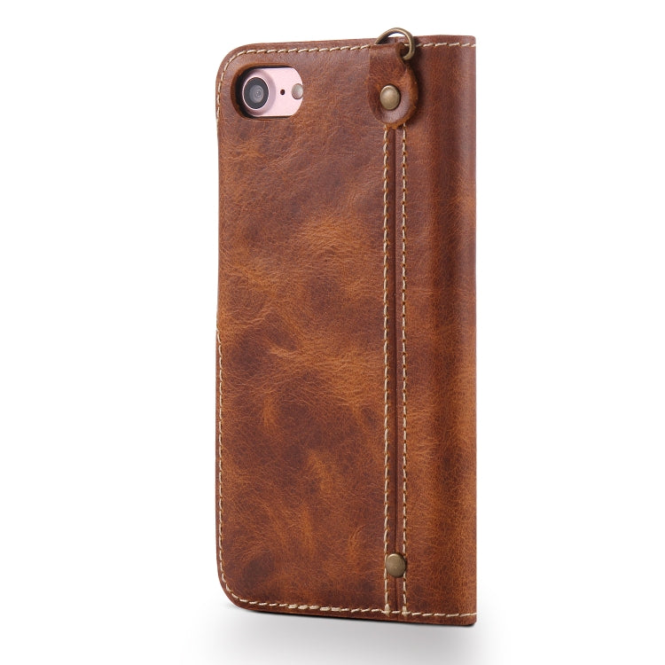 For iPhone 7 / 8 Denior Oil Wax Cowhide Magnetic Button Horizontal Flip Leather Case with Card Slots & Wallet