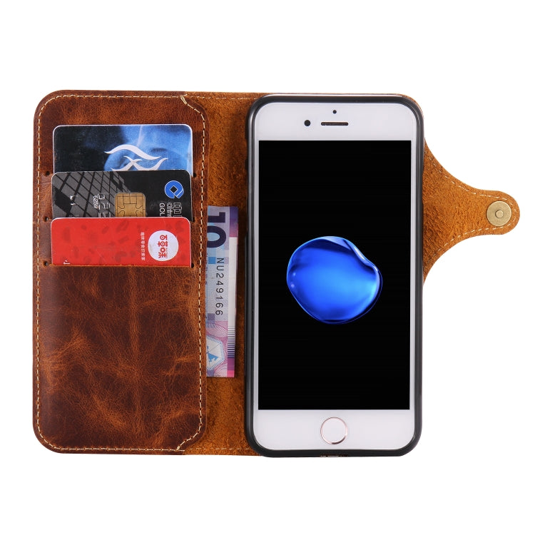 For iPhone 7 / 8 Denior Oil Wax Cowhide Magnetic Button Horizontal Flip Leather Case with Card Slots & Wallet