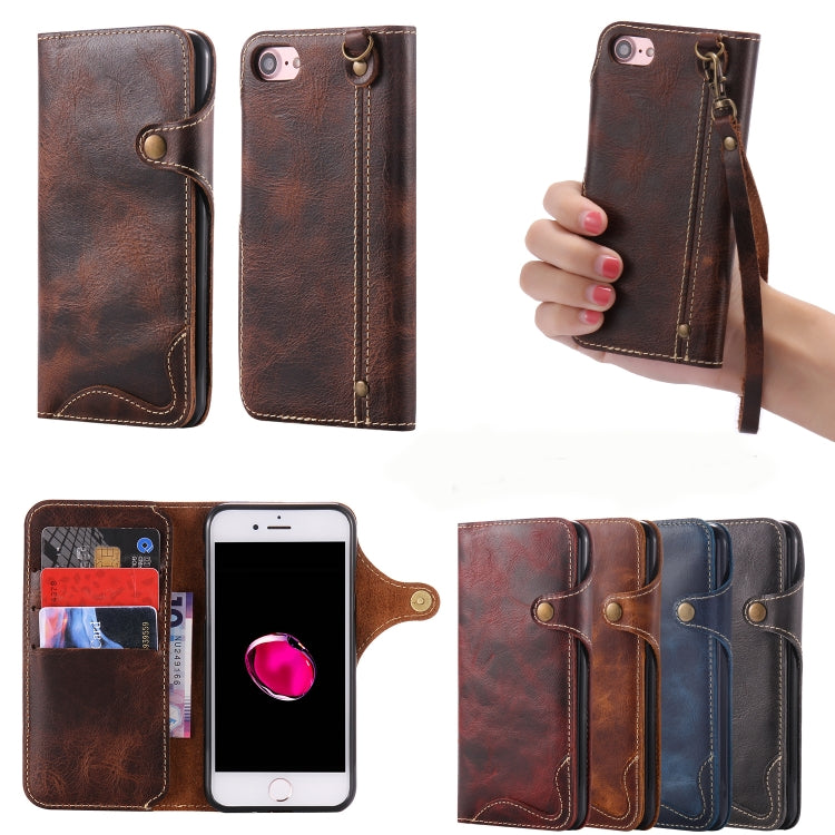 For iPhone 7 Plus / 8 Plus Denior Oil Wax Cowhide Magnetic Button Horizontal Flip Leather Case with Card Slots & Wallet