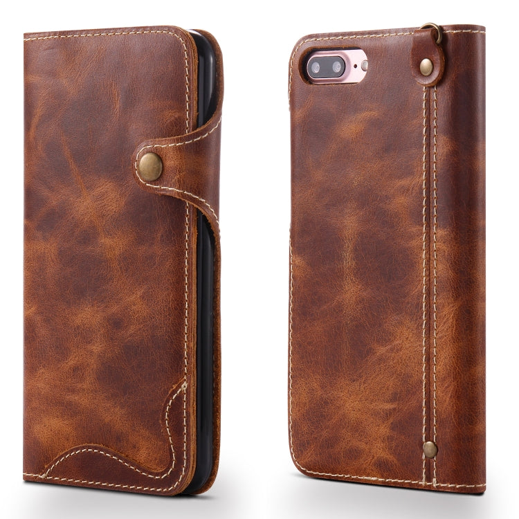 For iPhone 7 Plus / 8 Plus Denior Oil Wax Cowhide Magnetic Button Horizontal Flip Leather Case with Card Slots & Wallet