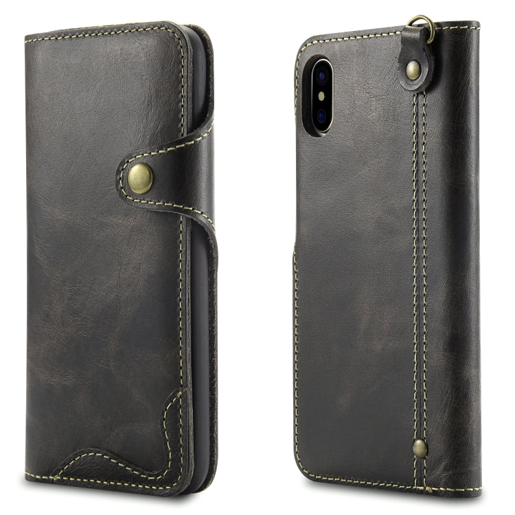For iPhone X / XS Denior Oil Wax Cowhide Magnetic Button Horizontal Flip Leather Case with Card Slots & Wallet