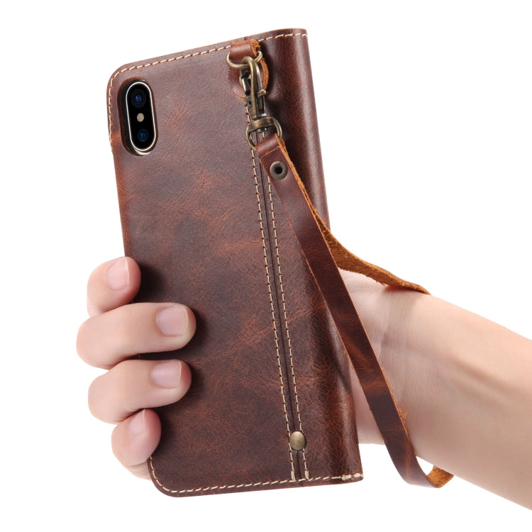 For iPhone X / XS Denior Oil Wax Cowhide Magnetic Button Horizontal Flip Leather Case with Card Slots & Wallet