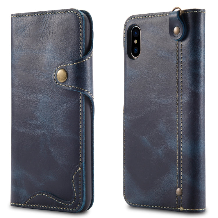 For iPhone X / XS Denior Oil Wax Cowhide Magnetic Button Horizontal Flip Leather Case with Card Slots & Wallet