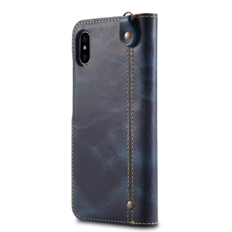 For iPhone X / XS Denior Oil Wax Cowhide Magnetic Button Horizontal Flip Leather Case with Card Slots & Wallet