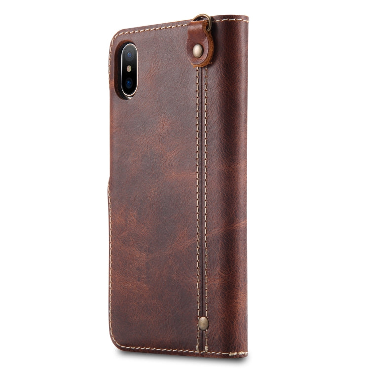 For iPhone X / XS Denior Oil Wax Cowhide Magnetic Button Horizontal Flip Leather Case with Card Slots & Wallet