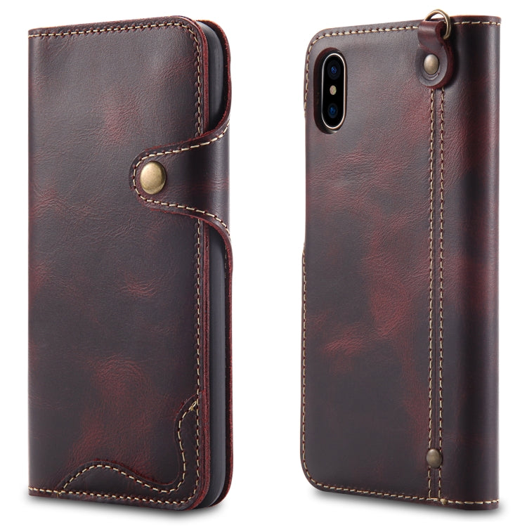 For iPhone X / XS Denior Oil Wax Cowhide Magnetic Button Horizontal Flip Leather Case with Card Slots & Wallet