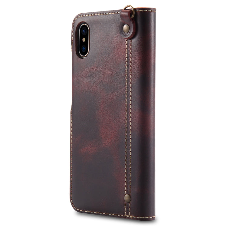 For iPhone X / XS Denior Oil Wax Cowhide Magnetic Button Horizontal Flip Leather Case with Card Slots & Wallet