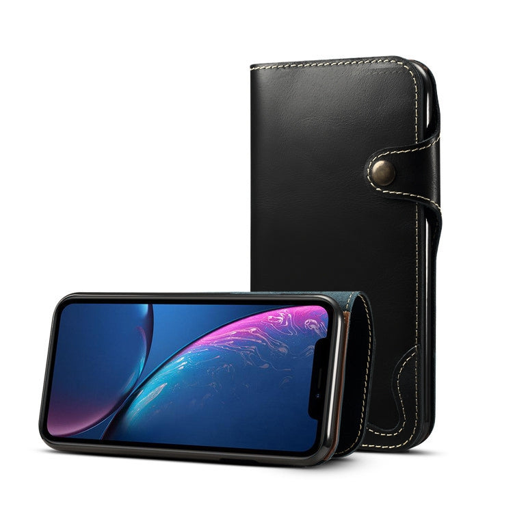 For iPhone XR Denior Oil Wax Cowhide Magnetic Button Horizontal Flip Leather Case with Card Slots & Wallet