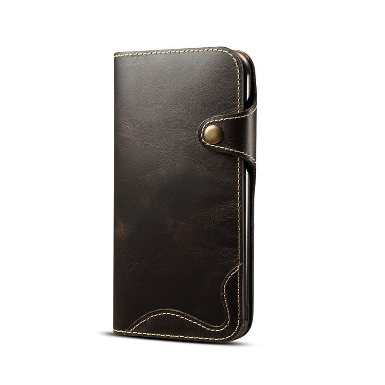 For iPhone XR Denior Oil Wax Cowhide Magnetic Button Horizontal Flip Leather Case with Card Slots & Wallet