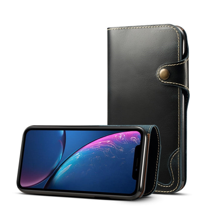 For iPhone XR Denior Oil Wax Cowhide Magnetic Button Horizontal Flip Leather Case with Card Slots & Wallet