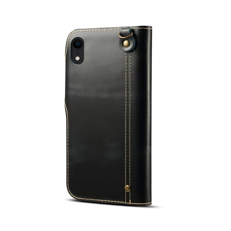 For iPhone XR Denior Oil Wax Cowhide Magnetic Button Horizontal Flip Leather Case with Card Slots & Wallet
