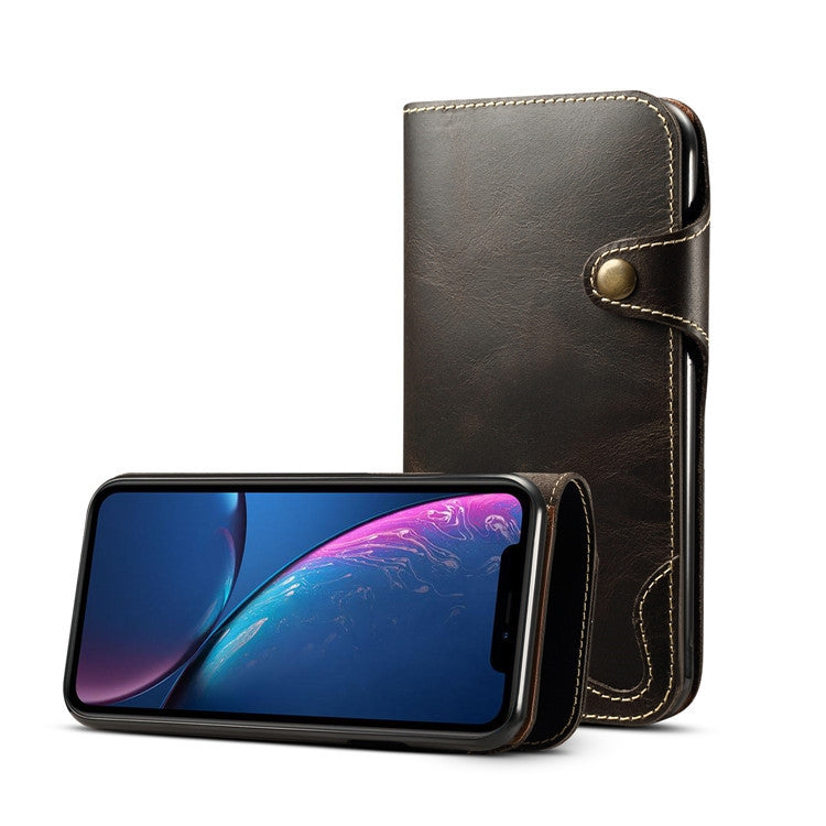 For iPhone XR Denior Oil Wax Cowhide Magnetic Button Horizontal Flip Leather Case with Card Slots & Wallet