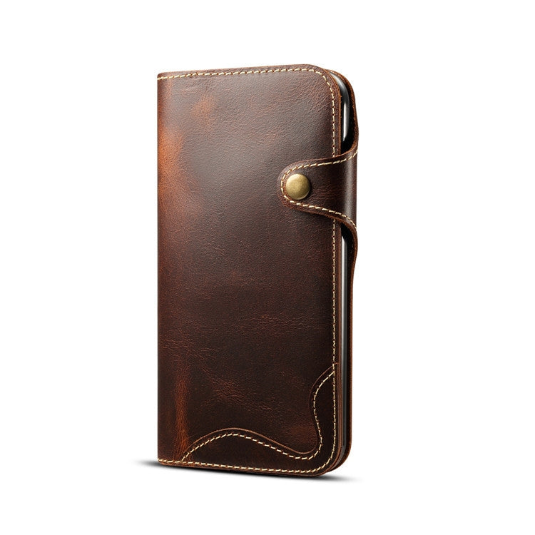 For iPhone XR Denior Oil Wax Cowhide Magnetic Button Horizontal Flip Leather Case with Card Slots & Wallet