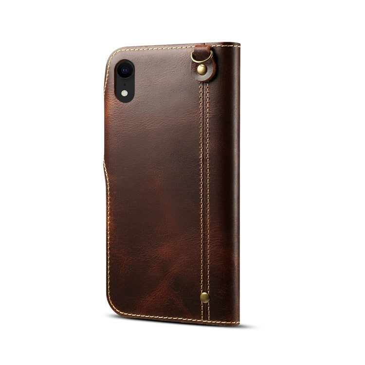 For iPhone XR Denior Oil Wax Cowhide Magnetic Button Horizontal Flip Leather Case with Card Slots & Wallet