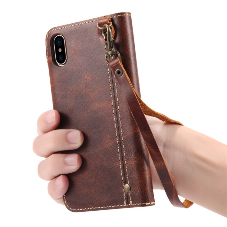 For iPhone XR Denior Oil Wax Cowhide Magnetic Button Horizontal Flip Leather Case with Card Slots & Wallet