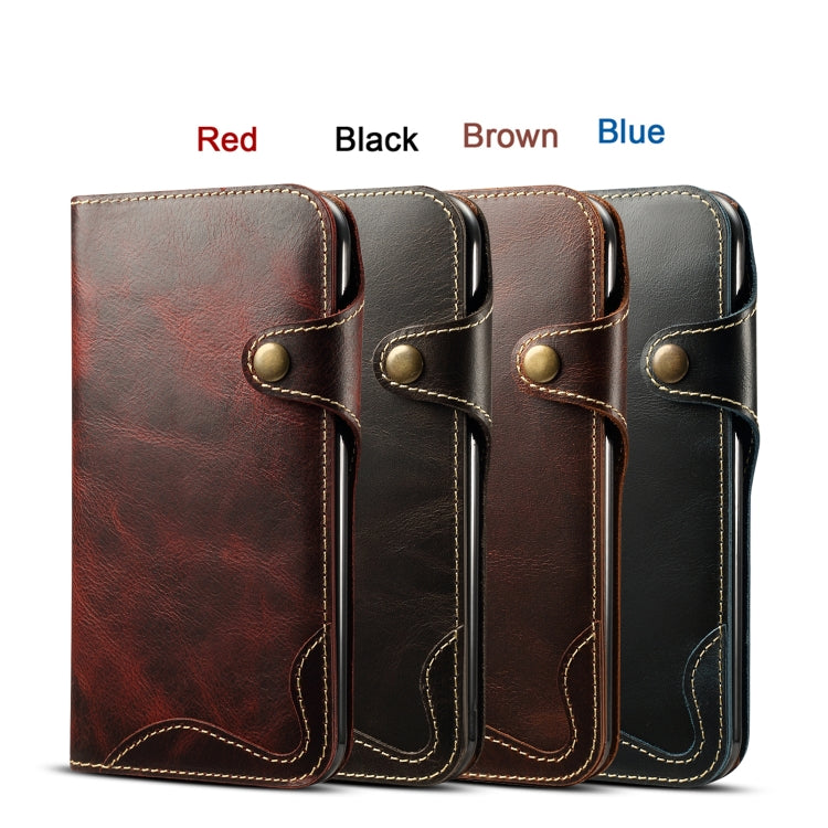 For iPhone XR Denior Oil Wax Cowhide Magnetic Button Horizontal Flip Leather Case with Card Slots & Wallet