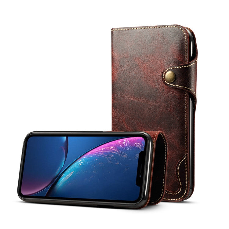 For iPhone XR Denior Oil Wax Cowhide Magnetic Button Horizontal Flip Leather Case with Card Slots & Wallet
