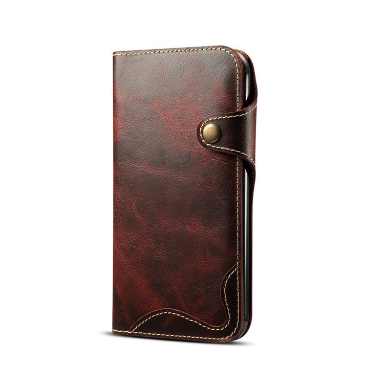 For iPhone XR Denior Oil Wax Cowhide Magnetic Button Horizontal Flip Leather Case with Card Slots & Wallet
