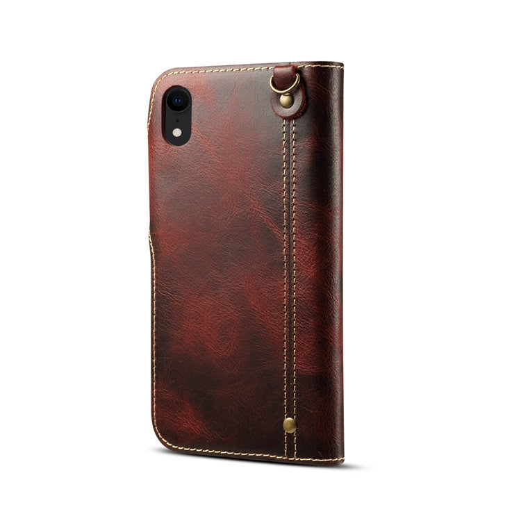 For iPhone XR Denior Oil Wax Cowhide Magnetic Button Horizontal Flip Leather Case with Card Slots & Wallet