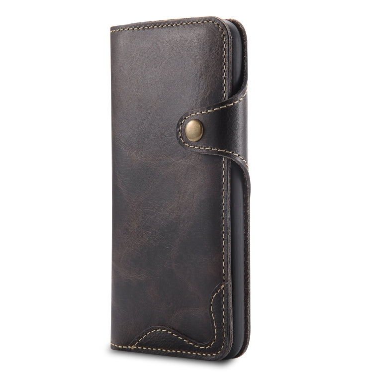 For iPhone XS Max Denior Oil Wax Cowhide Magnetic Button Horizontal Flip Leather Case with Card Slots & Wallet