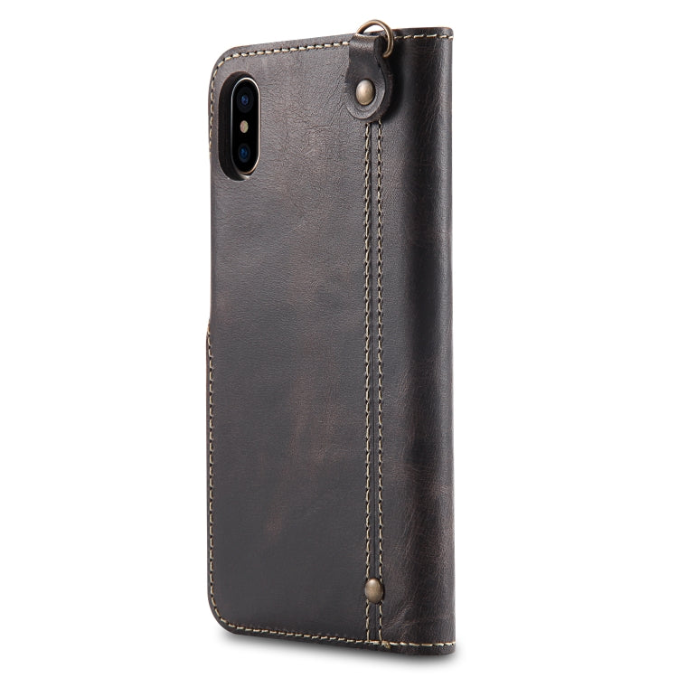 For iPhone XS Max Denior Oil Wax Cowhide Magnetic Button Horizontal Flip Leather Case with Card Slots & Wallet