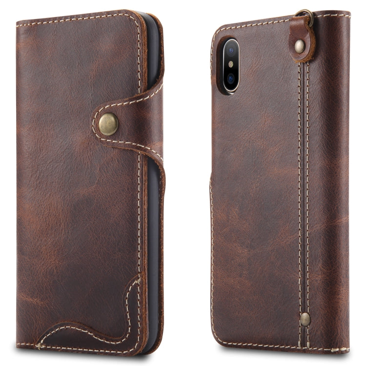 For iPhone XS Max Denior Oil Wax Cowhide Magnetic Button Horizontal Flip Leather Case with Card Slots & Wallet