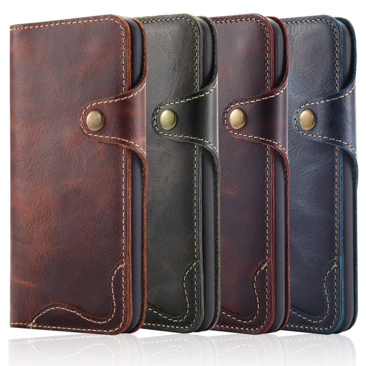 For iPhone XS Max Denior Oil Wax Cowhide Magnetic Button Horizontal Flip Leather Case with Card Slots & Wallet