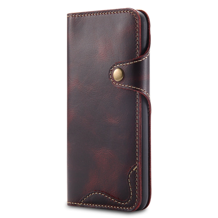 For iPhone XS Max Denior Oil Wax Cowhide Magnetic Button Horizontal Flip Leather Case with Card Slots & Wallet
