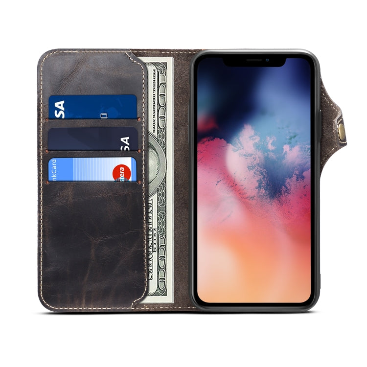 For iPhone 11 Denior Oil Wax Cowhide Magnetic Button Horizontal Flip Leather Case with Card Slots & Wallet