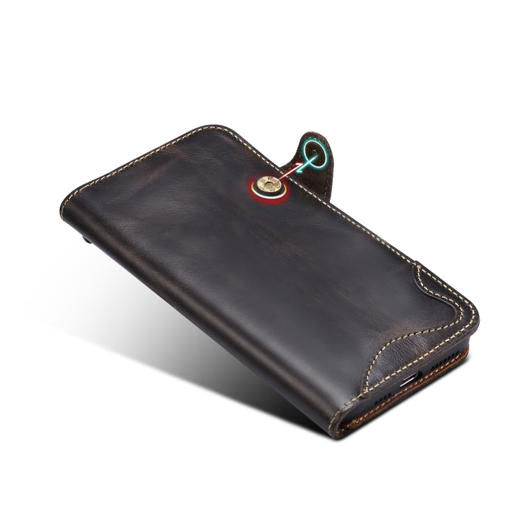 For iPhone 11 Pro Max Denior Oil Wax Cowhide Magnetic Button Horizontal Flip Leather Case with Card Slots & Wallet