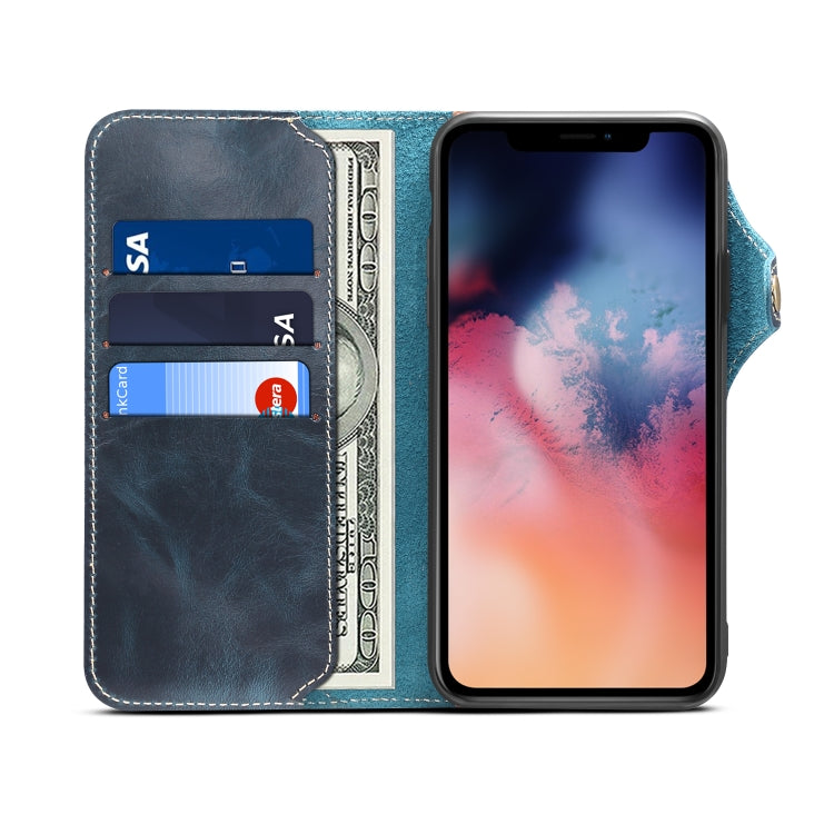 For iPhone 11 Pro Max Denior Oil Wax Cowhide Magnetic Button Horizontal Flip Leather Case with Card Slots & Wallet