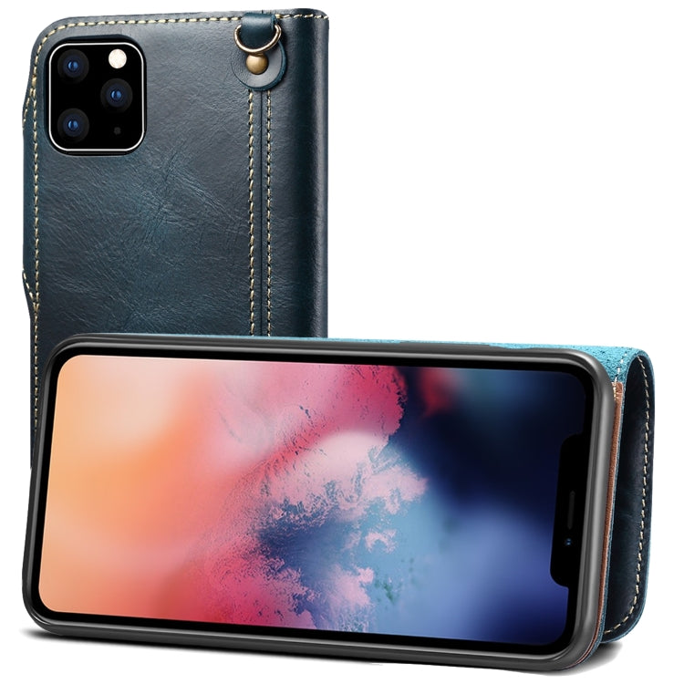 For iPhone 11 Pro Max Denior Oil Wax Cowhide Magnetic Button Horizontal Flip Leather Case with Card Slots & Wallet