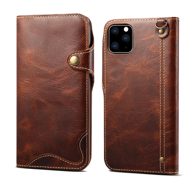 For iPhone 11 Pro Max Denior Oil Wax Cowhide Magnetic Button Horizontal Flip Leather Case with Card Slots & Wallet