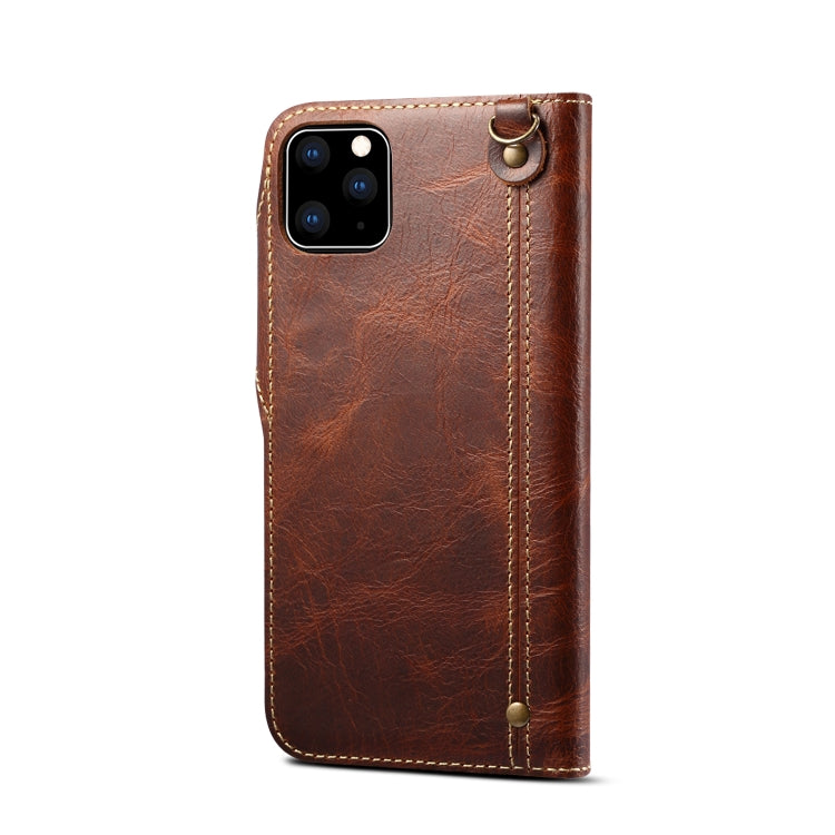 For iPhone 11 Pro Max Denior Oil Wax Cowhide Magnetic Button Horizontal Flip Leather Case with Card Slots & Wallet