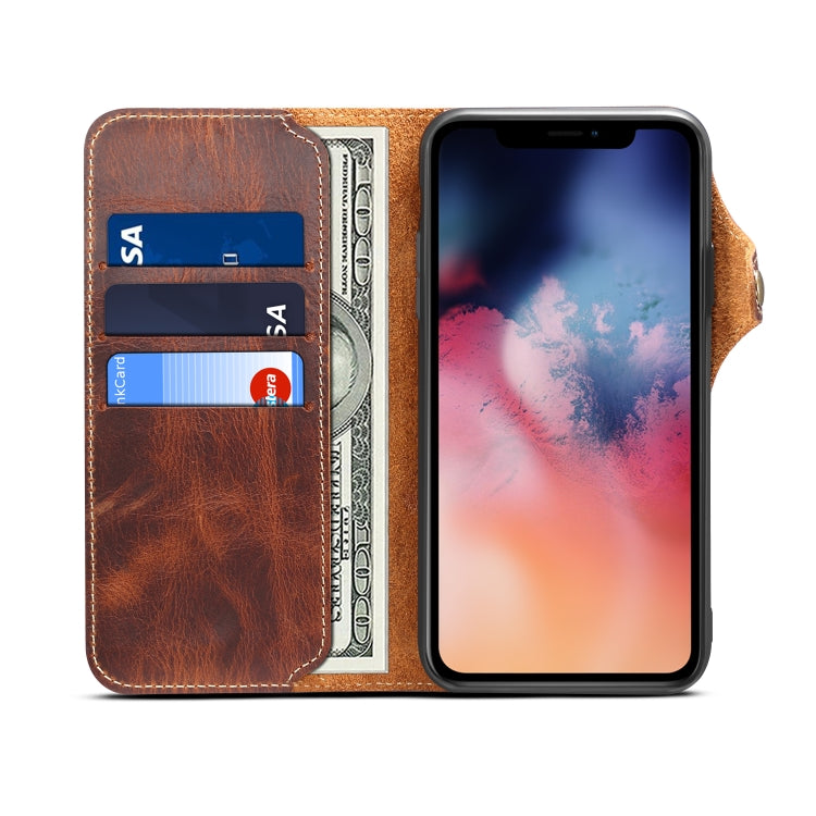 For iPhone 11 Pro Max Denior Oil Wax Cowhide Magnetic Button Horizontal Flip Leather Case with Card Slots & Wallet