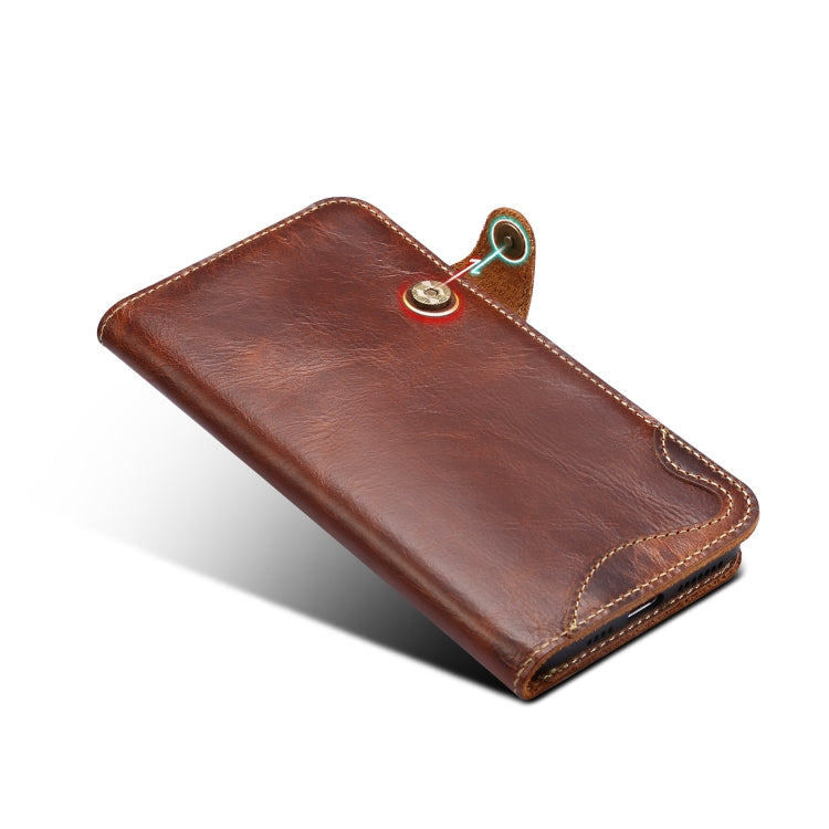 For iPhone 11 Pro Max Denior Oil Wax Cowhide Magnetic Button Horizontal Flip Leather Case with Card Slots & Wallet