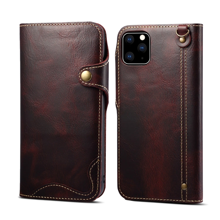 For iPhone 11 Pro Max Denior Oil Wax Cowhide Magnetic Button Horizontal Flip Leather Case with Card Slots & Wallet