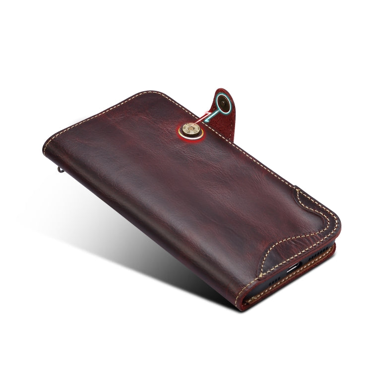 For iPhone 11 Pro Max Denior Oil Wax Cowhide Magnetic Button Horizontal Flip Leather Case with Card Slots & Wallet