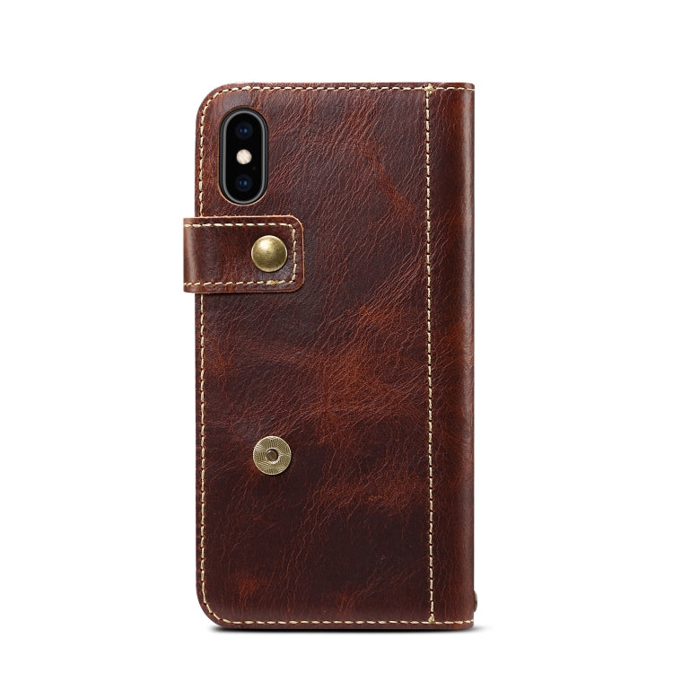 For iPhone XR Denior Oil Wax Cowhide DK Magnetic Button Horizontal Flip Leather Case with Holder & Card Slots & Wallet