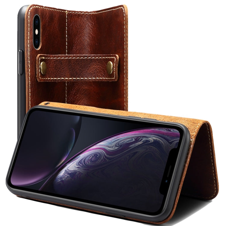 For iPhone XR Denior Oil Wax Cowhide DK Magnetic Button Horizontal Flip Leather Case with Holder & Card Slots & Wallet