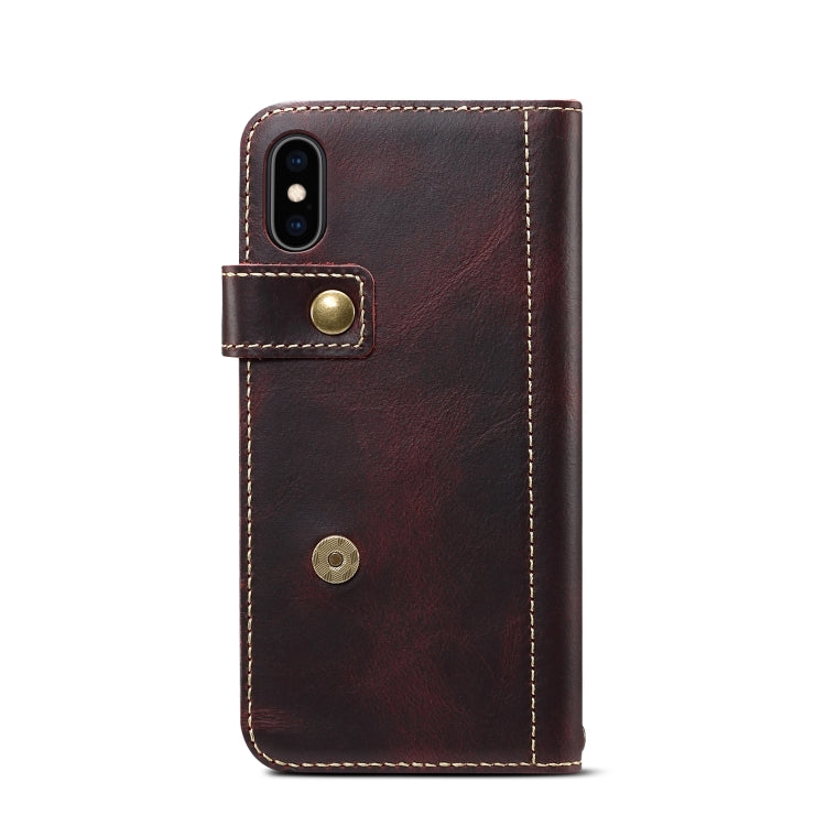 For iPhone XR Denior Oil Wax Cowhide DK Magnetic Button Horizontal Flip Leather Case with Holder & Card Slots & Wallet