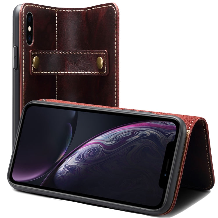 For iPhone XR Denior Oil Wax Cowhide DK Magnetic Button Horizontal Flip Leather Case with Holder & Card Slots & Wallet