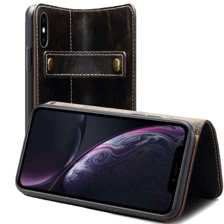 For iPhone XS Max Denior Oil Wax Cowhide DK Magnetic Button Horizontal Flip Leather Case with Holder & Card Slots & Wallet