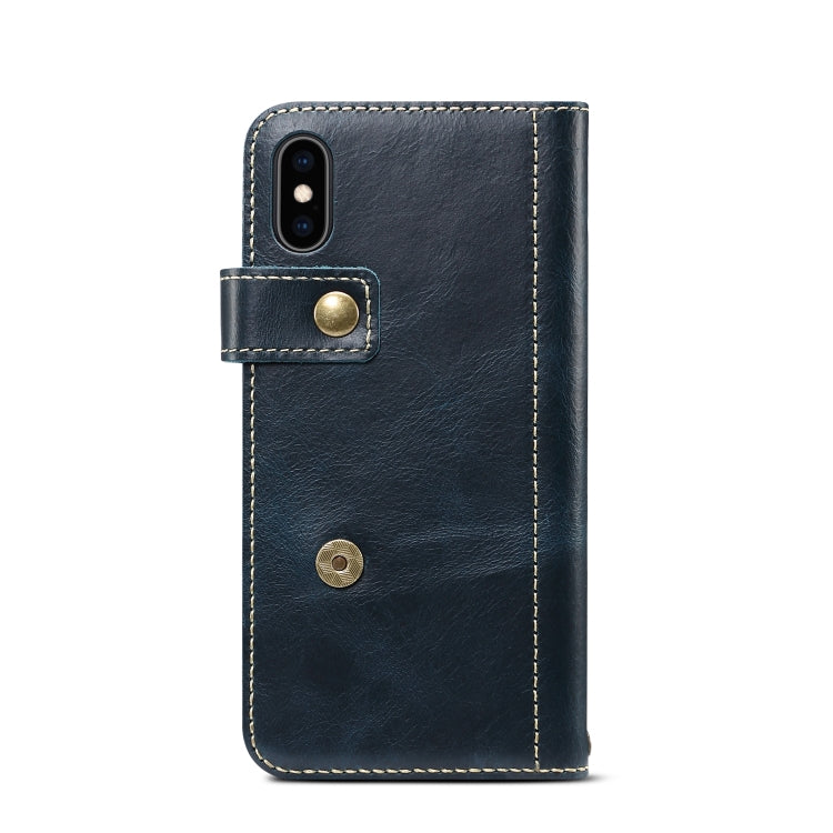 For iPhone XS Max Denior Oil Wax Cowhide DK Magnetic Button Horizontal Flip Leather Case with Holder & Card Slots & Wallet