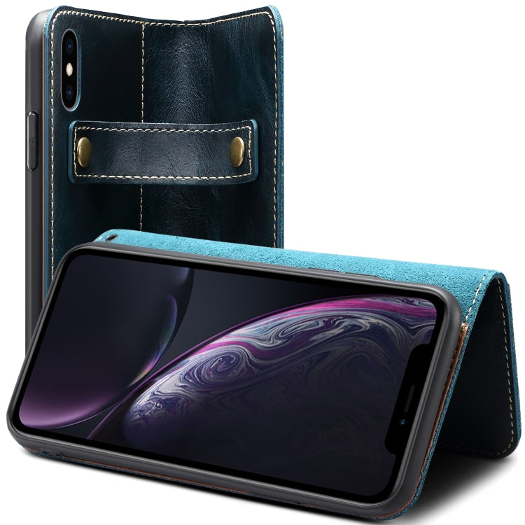 For iPhone XS Max Denior Oil Wax Cowhide DK Magnetic Button Horizontal Flip Leather Case with Holder & Card Slots & Wallet