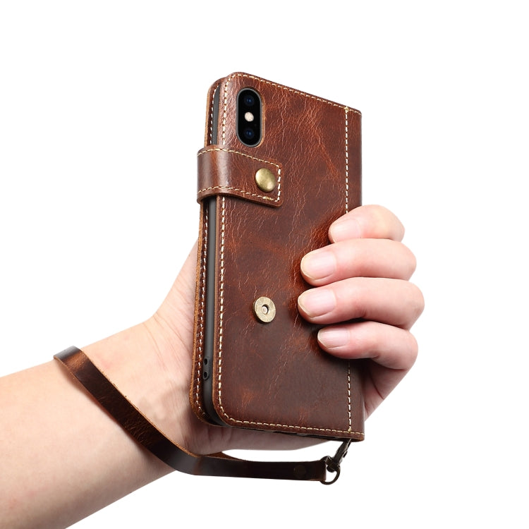 For iPhone XS Max Denior Oil Wax Cowhide DK Magnetic Button Horizontal Flip Leather Case with Holder & Card Slots & Wallet