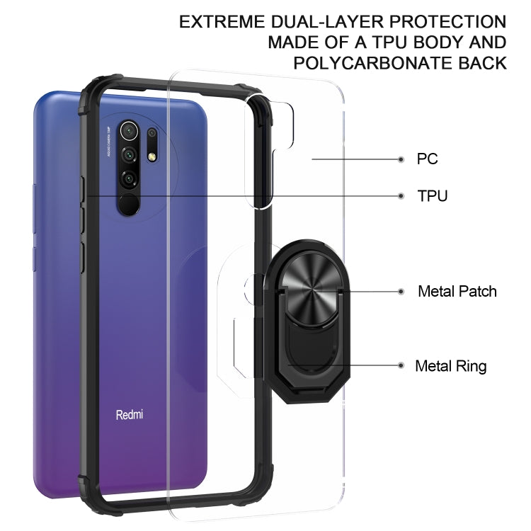 For Xiaomi Redmi 9 Shockproof Transparent TPU + Acrylic Phone Case with Ring Holder
