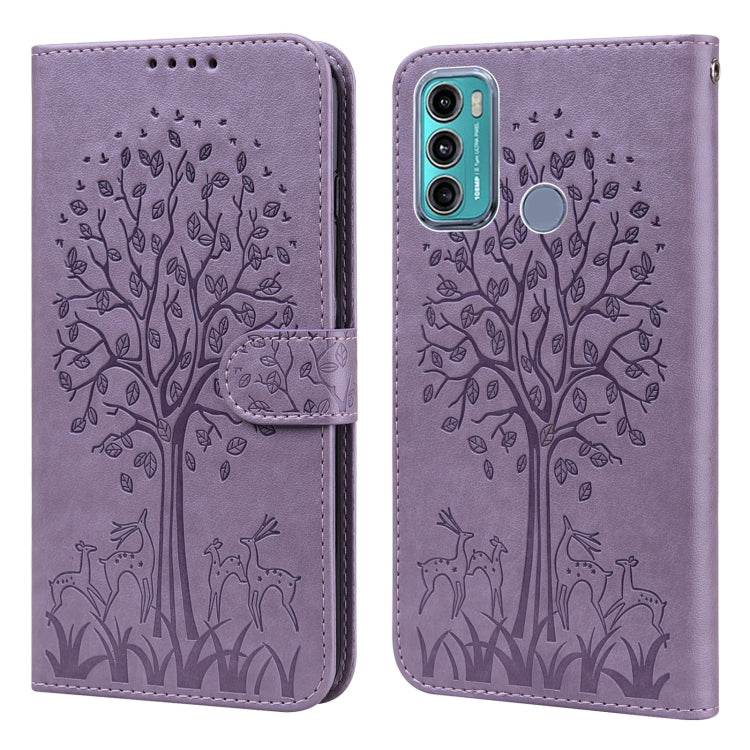 For Motorola Moto G60 Tree & Deer Pattern Pressed Printing Horizontal Flip Leather Phone Case