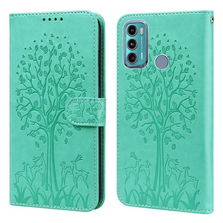 For Motorola Moto G60 Tree & Deer Pattern Pressed Printing Horizontal Flip Leather Phone Case