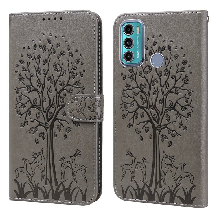 For Motorola Moto G60 Tree & Deer Pattern Pressed Printing Horizontal Flip Leather Phone Case